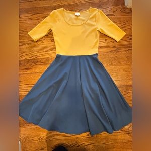 Lula Roe dress with short sleeves; size small, yellow and blue; fit and flare